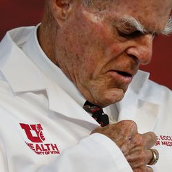 Spencer Eccles, Chairman and CEO of the George S. and Dolores Doré Eccles Foundation and the Nora Eccles Treadwell Foundation, wears a lab coat stitched with the new name of the University of Utah’s School of Medicine — the Spencer Fox Eccles School of Medicine — after announcing a landmark gift to the U. in Salt Lake City on Wednesday, June 9, 2021. Two Eccles family foundations are giving a combined $110 million to the University of Utah School of Medicine.
