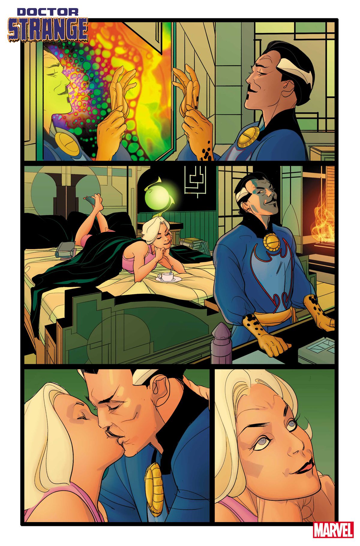 Doctor Strange and Clea lounge in their bedroom and share a kiss in Doctor Strange #1 (2023).