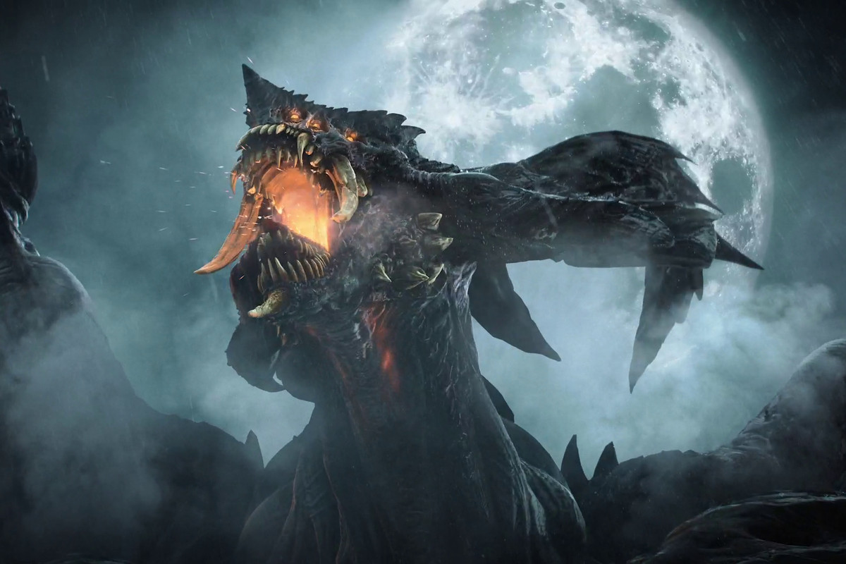 A dragon from the Demon’s Souls remake roars with the moon in the background