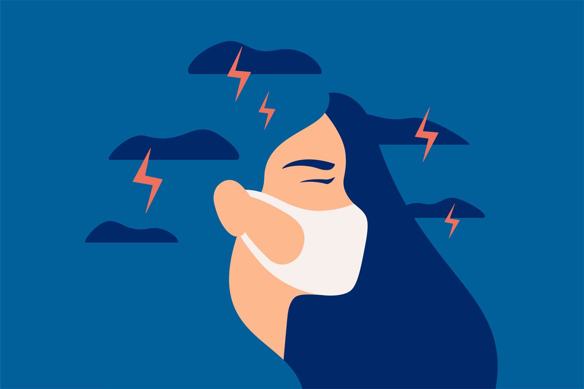 Illustration of a person in a protective mask who feels anxiety&nbsp;about the future.