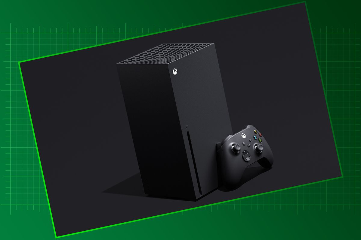 Xbox Series X console and controller on a graduated green graphic background