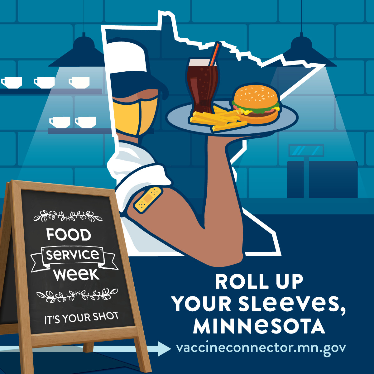 A state made graphic of a person with a rolled up sleeve and band-aid holding a tray of a burger and fries