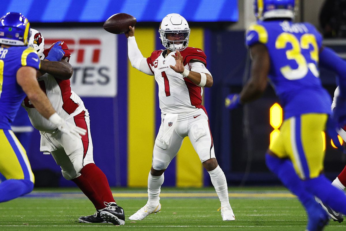 Kyler Murray #1 of the Arizona Cardinals throws a pass against the Los Angeles Rams during the fourth quarter in the NFC Wild Card Playoff game at SoFi Stadium on January 17, 2022 in Inglewood, California.