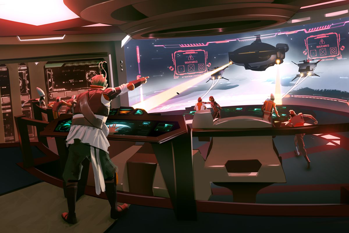 On a Star Trek-inspired bridge the crew of a nameless vessel sees an enemy fleet off their prow. The captain orders the attack with a defiant fist.