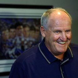 BYU football coach LaVell Edwards jokes with members of the media prior to the announcement of his retirement at a press conference at Cougar Stadium. PHOTO BY STUART JOHNSON