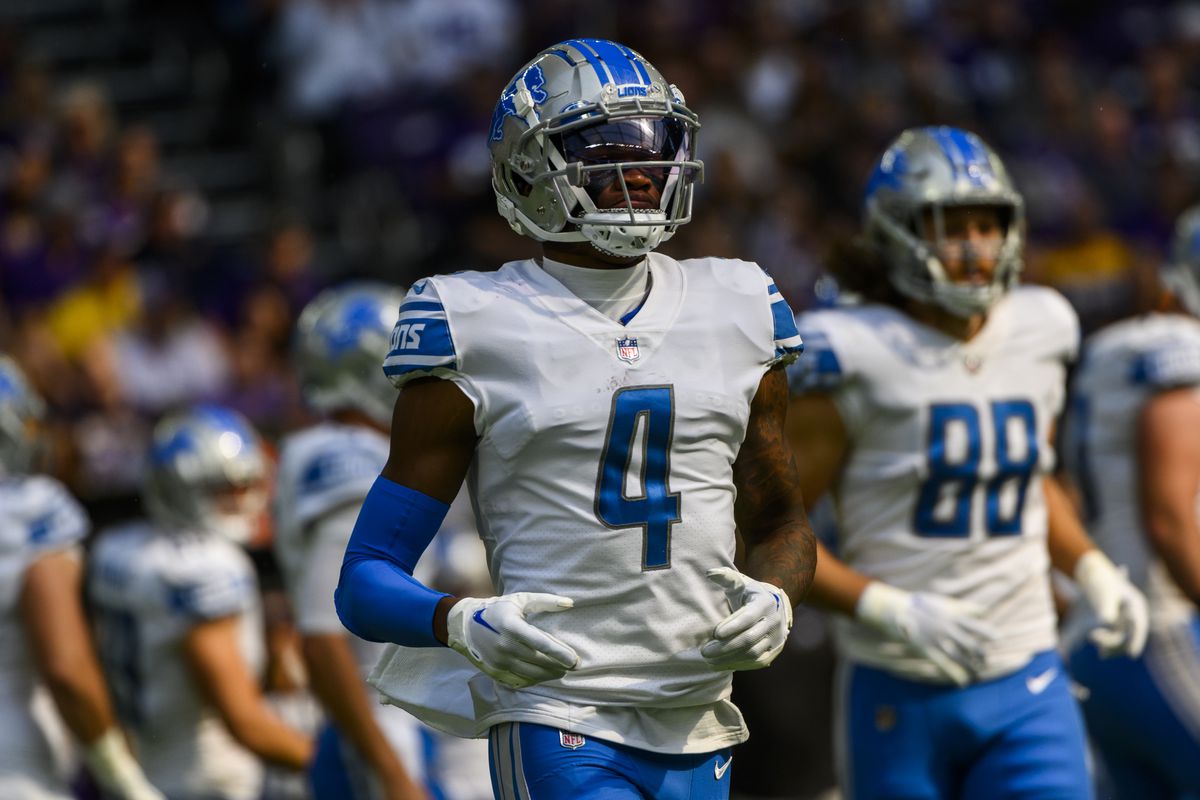 DJ Chark #4 of the Detroit Lions takes the field in the first quarter of the game against the Minnesota Vikings at U.S. Bank Stadium on September 25, 2022 in Minneapolis, Minnesota.
