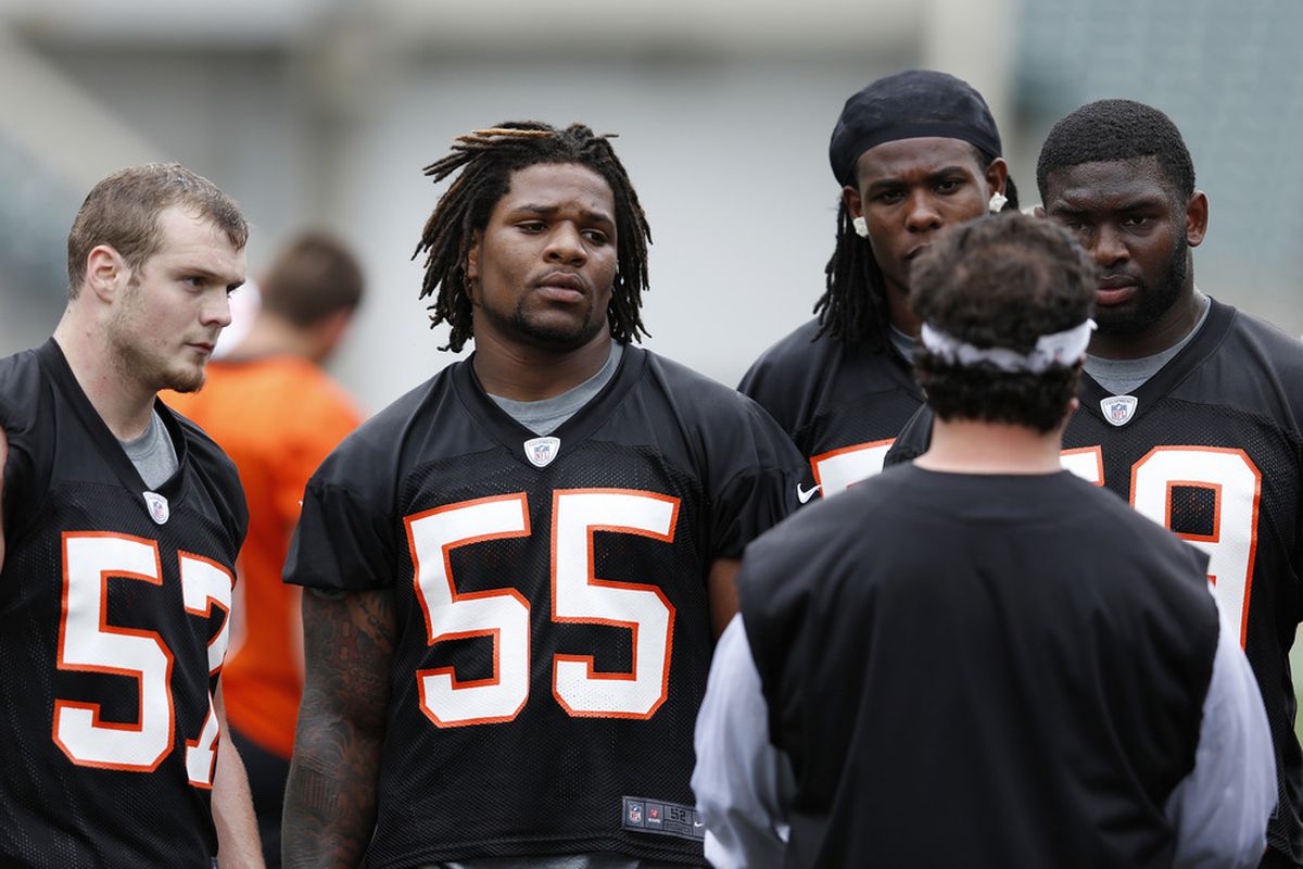 CINCINNATI, OH - MAY 12: Vontaze Burfict #55 of the Cincinnati Bengals listens with other linebackers during a rookie minicamp at Paul Brown Stadium on May 12, 2012 in Cincinnati, Ohio. (Photo by Joe Robbins/Getty Images)