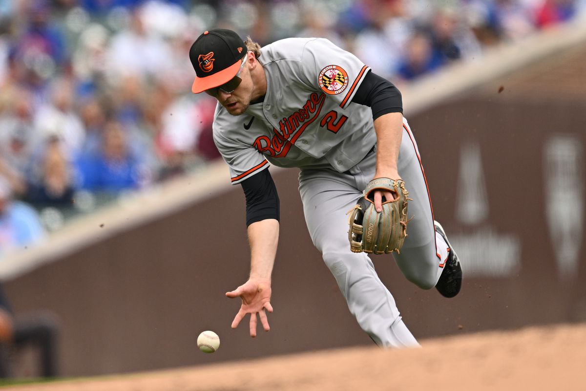 Orioles’ third baseman Gunnar Henderson fields a ground ball at Wrigley Field