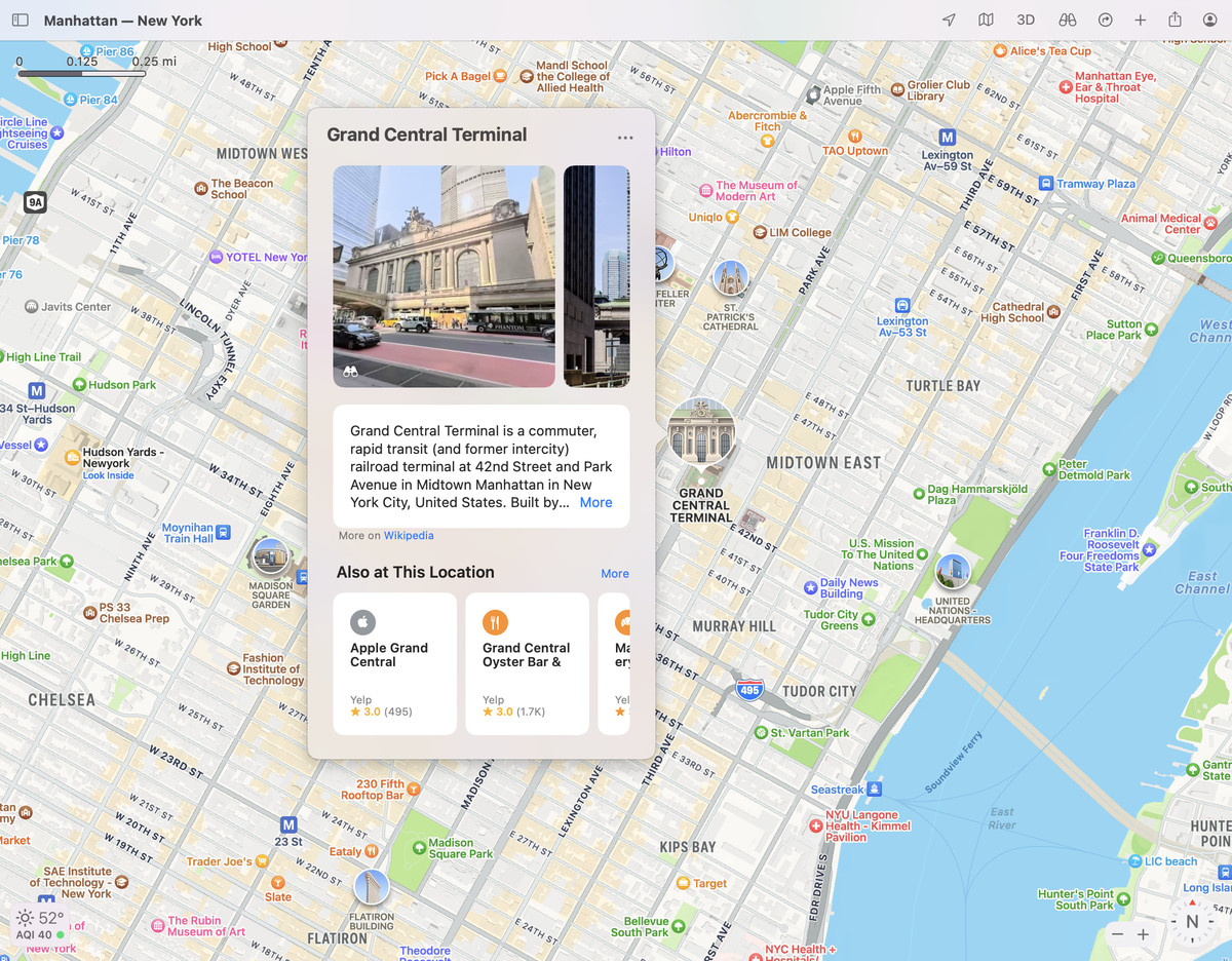 A screenshot of Apple maps viewing Manhattan, with Grand Central Terminal’s information card selected.