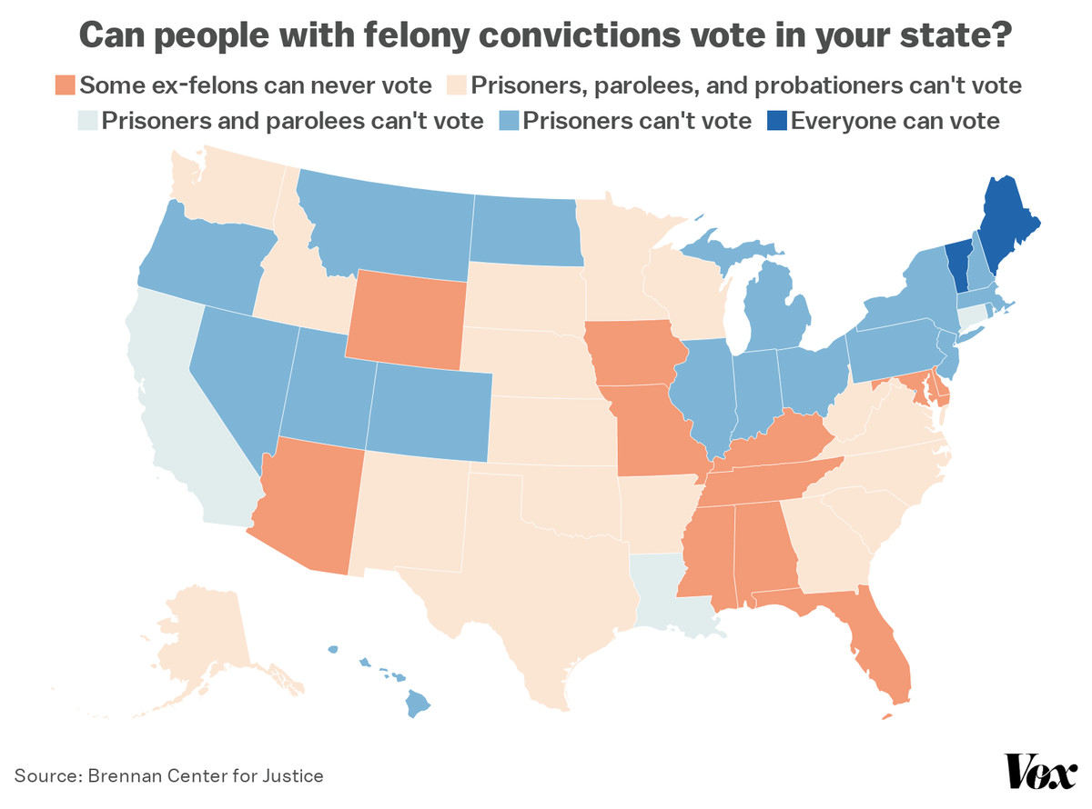 A map of voting rights for people convicted of felonies.