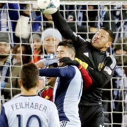Real goalkeeper Nick Rimando punches the ball away as Real Salt Lake and Sporting KC play Saturday, Dec. 7, 2013 in MLS Cup action. Sporting KC won in a shootout.