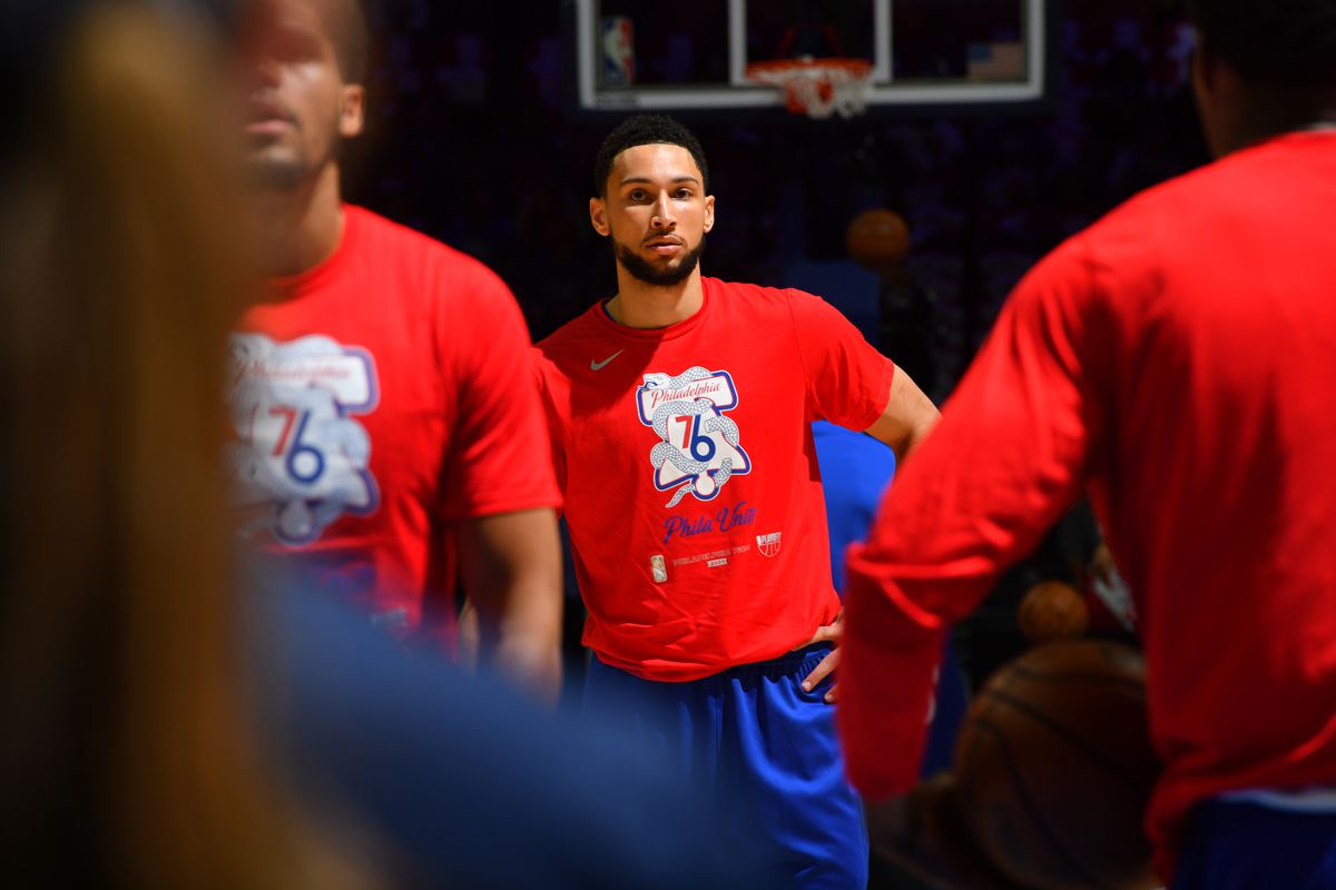 Ben Simmons #25 of the Philadelphia 76ers warms up prior to a game against the Atlanta Hawks during Round 2, Game 7 of the Eastern Conference Playoffs on June 20, 2021 at Wells Fargo Center in Philadelphia, Pennsylvania.