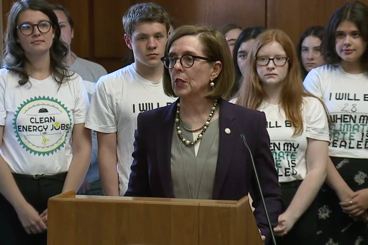Oregon Gov. Kate Brown lamented that Republicans fled the state to avoid voting on a historic climate change bill during a press conference on June 20, 2019.