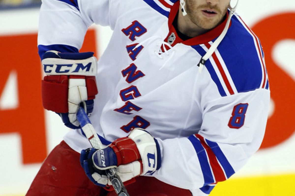 March 24, 2012; Toronto, ON, CANADA; New York Rangers forward Brandon Prust (8) prior to a game against the Toronto Maple Leafs at the Air Canada Centre. Mandatory Credit: John E. Sokolowski-US PRESSWIRE