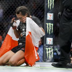 Joanna Jedrzejczyk celebrates at UFC on FOX 30.