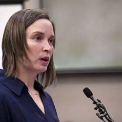 Christina Barba gives her victim impact statement during the sixth day of Larry Nassar's sentencing hearing Tuesday, Jan. 23, 2018, in Lansing, Mich. Nassar has admitted sexually assaulting athletes when he was employed by Michigan State University and USA Gymnastics, which is the sport's national governing organization and trains Olympians. (Dale G. Young/Detroit News via AP)