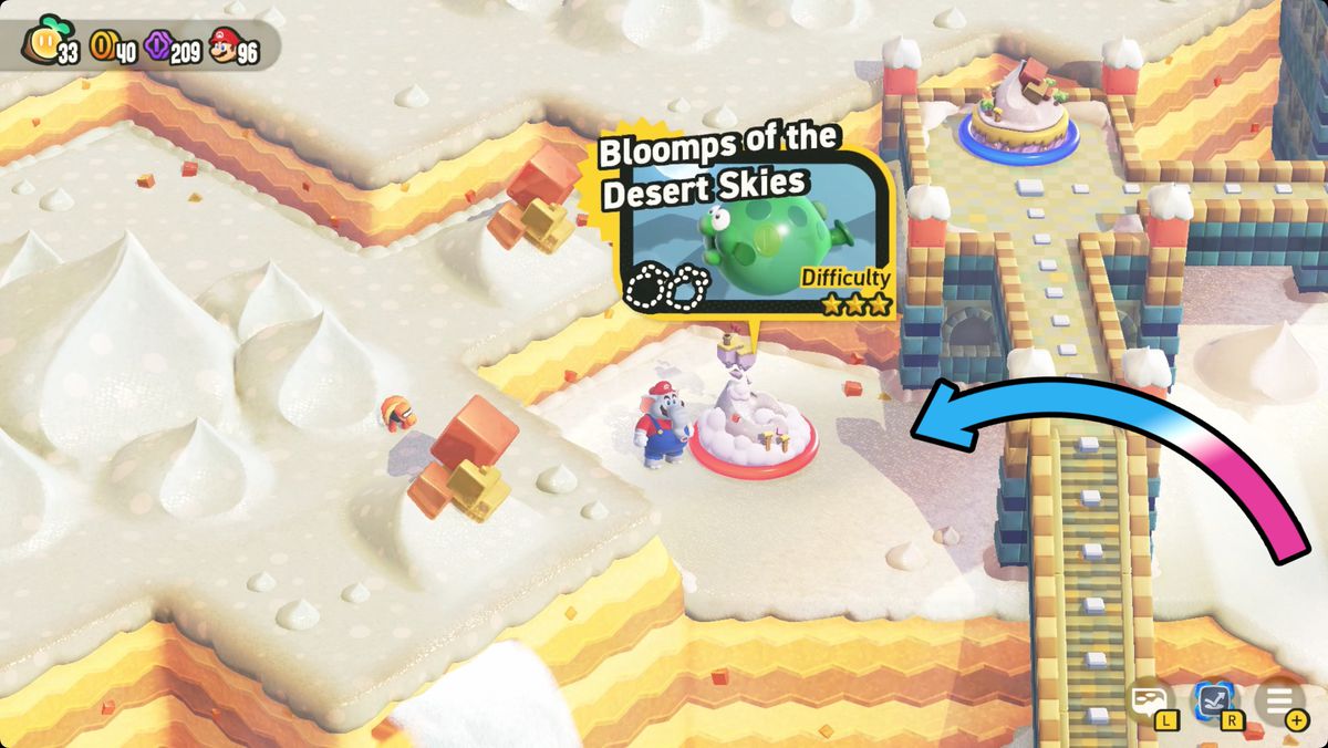 Super Mario Bros. Wonder Sunbaked Desert screenshot showing how to reach the Bloomps of the Desert Skies level.