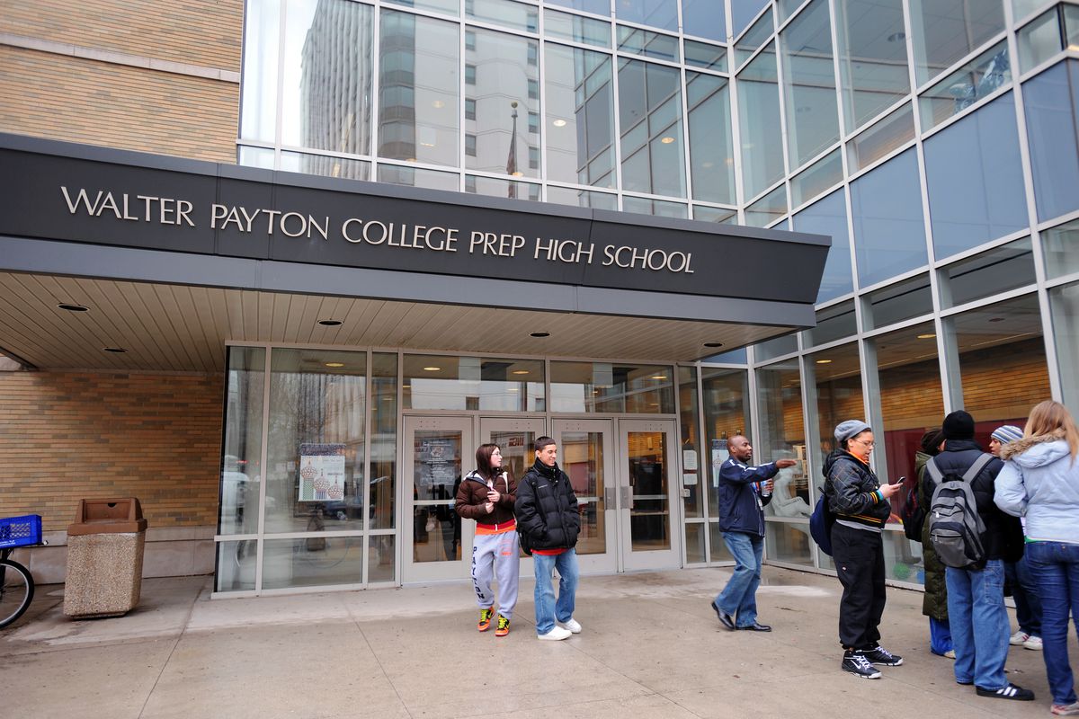 Students congregate outside Walter Payton College Prep High School,