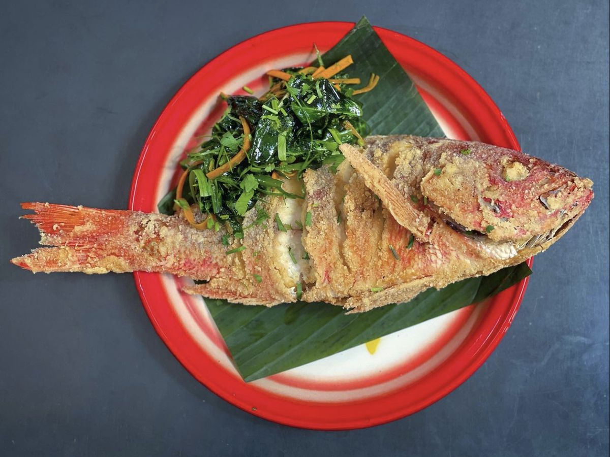 Whole fried fish from Liholiho Yacht Club