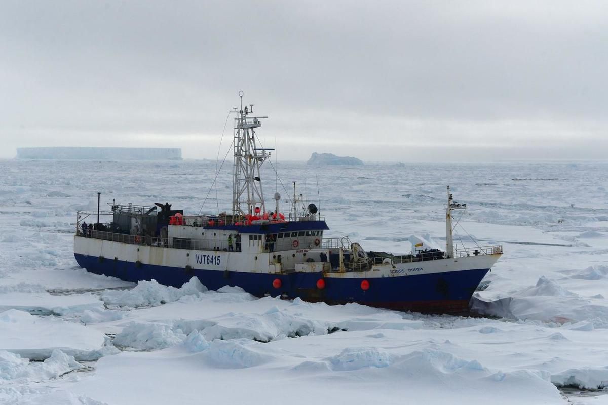 In this image provided by the U.S. Coast Guard the Austrailian fishing vessel the Antarctic Chieftain is seen from the the Coast Guard Cutter Polar Star as the cutter begins breaking up the ice around the vessel Friday Feb. 13, 2015. Rescuers on Saturday 