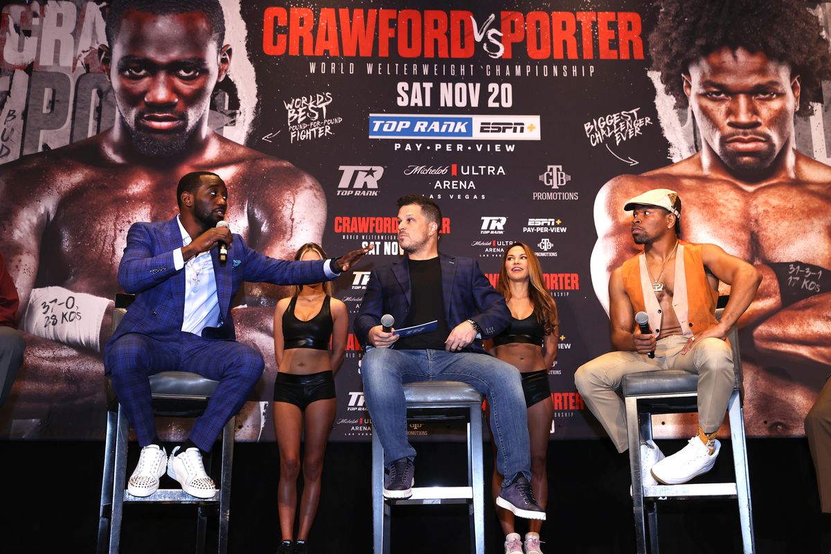 Terence Crawford, Mark Shunock and Shawn Porter during the press conference at MGM Grand Casino on October 09, 2021 in Las Vegas, Nevada.