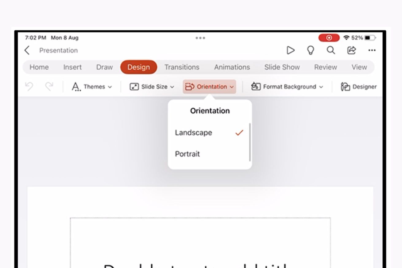 A screenshot demonstrating how to access portrait mode on Powerpoint for iPad