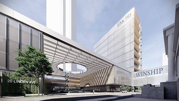 A rendering of the proposed 17-story tower, which lords over a large pedestrian plaza.