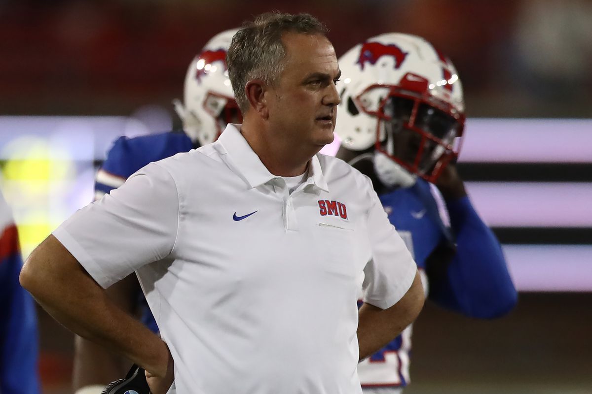 Head coach Sonny Dykes of the Southern Methodist Mustangs at Gerald J. Ford Stadium on October 05, 2019 in Dallas, Texas.