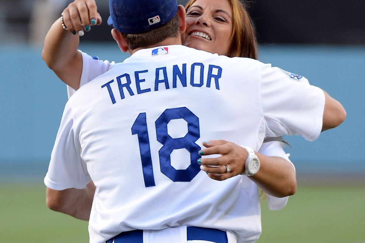 Matt Treanor is the only Dodger to catch a ceremonial first pitch from his wife this season at Dodger Stadium.