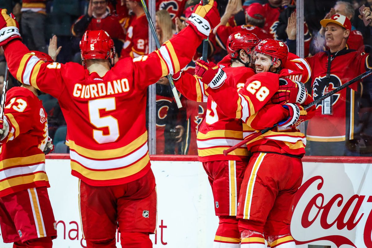 Jan 11, 2020; Calgary, Alberta, CAN; Calgary Flames center Elias Lindholm (28) celebrates his goal with teammates against the Edmonton Oilers during the third period at Scotiabank Saddledome. Calgary Flames won 4-3