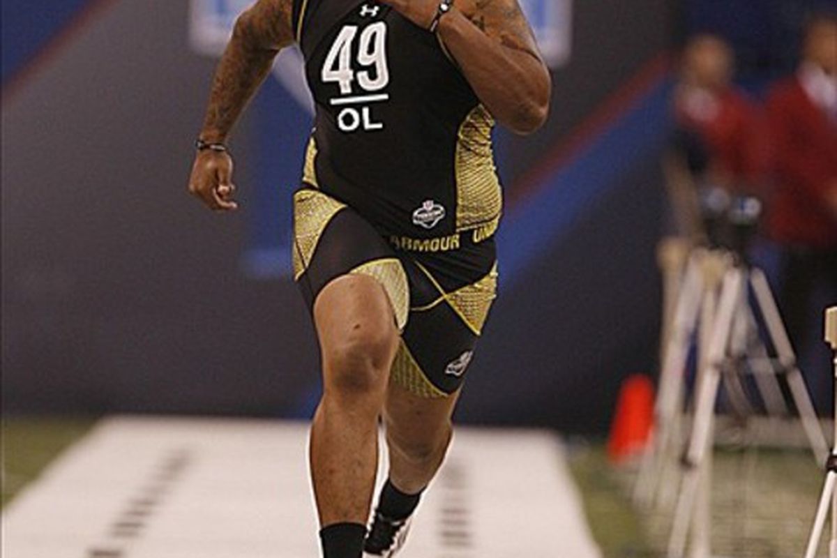 Feb 25, 2012; Indianapolis, IN, USA; Penn State Nittany Lions offensive lineman Johnnie Troutman runs the 40 yard dash during the NFL Combine at Lucas Oil Stadium. Mandatory Credit: Brian Spurlock-US PRESSWIRE