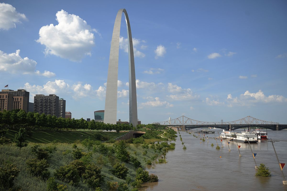 Floodwaters from a swollen Mississippi River take over the Gateway Arch grounds on June 7, 2019 in St. Louis, Missouri.