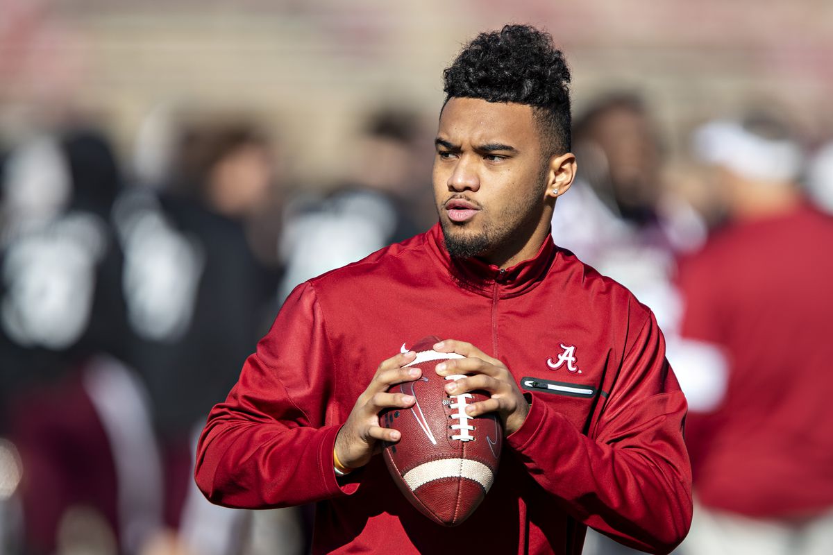 Tua Tagovailoa of the Alabama Crimson Tide warms up before a game against the Mississippi State Bulldogs at Davis Wade Stadium on November 16, 2019 in Starkville, Mississippi.