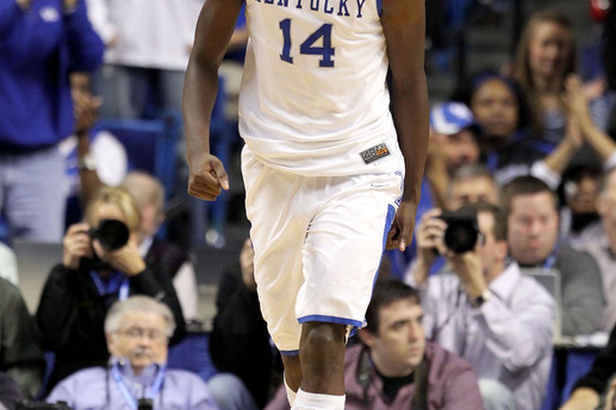 LEXINGTON, KY - DECEMBER 31:  Michael Kidd-Gilchrist #14 of the Kentucky Wildcats  celebrates during 69-62 win over the Louisville Cardinals at Rupp Arena on December 31, 2011 in Lexington, Kentucky.  (Photo by Andy Lyons/Getty Images)