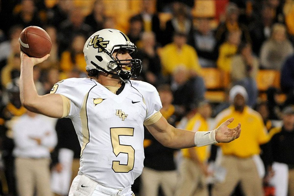 UCF Knights quarterback Blake Bortles (5) throws a pass during the game against the Southern Mississippi Golden Eagles at M.M. Roberts Stadium. Mandatory Credit: Chuck Cook-US PRESSWIRE