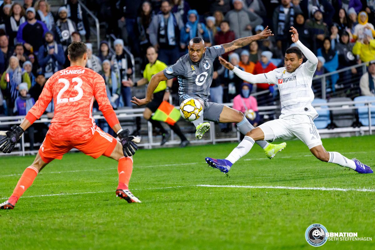 September 29, 2019 - Saint Paul, Minnesota, United States - Minnesota United forward Angelo Rodriguez (9) takes a shot on goal during the match against LAFC at Allianz Field. 