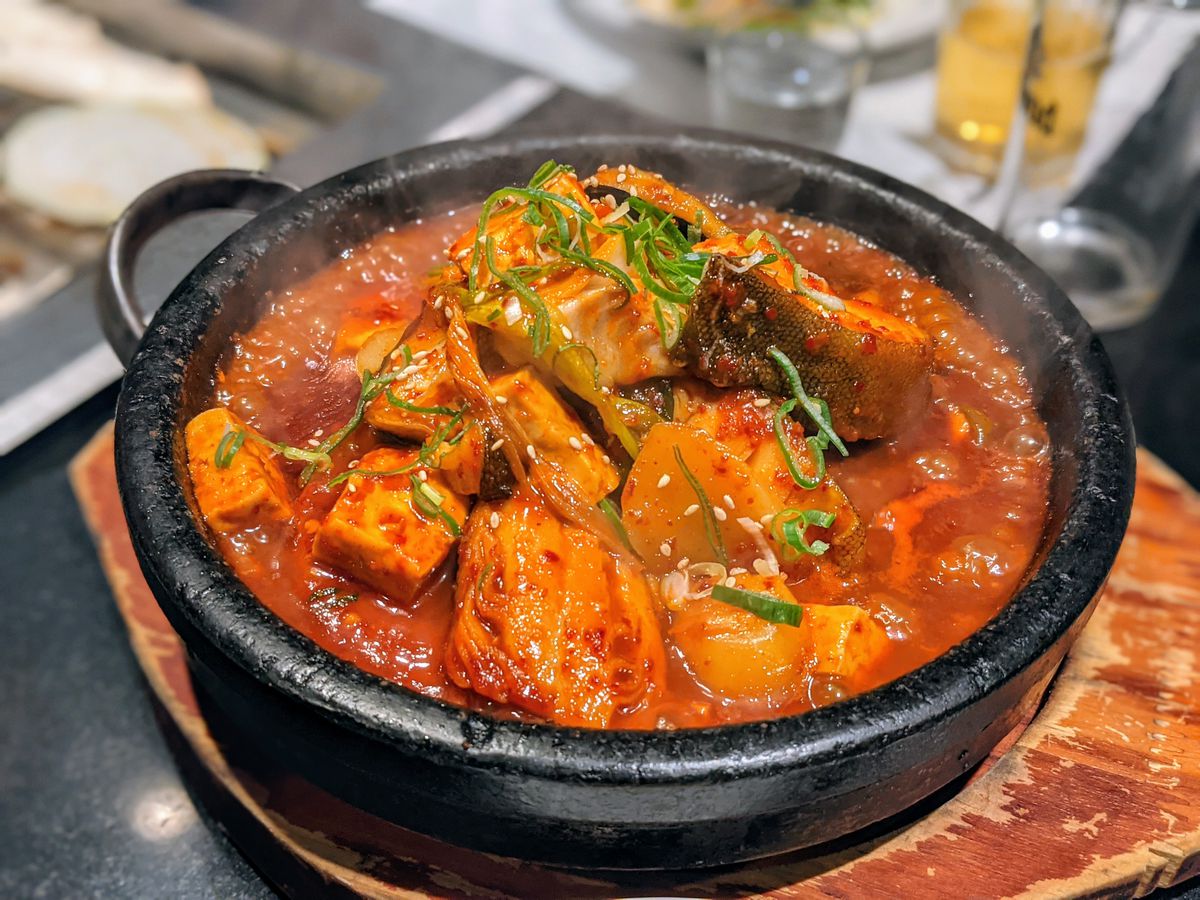 Eundaegoo joorim, or spicy braised black cod, served in a stone bowl at Park’s BBQ.