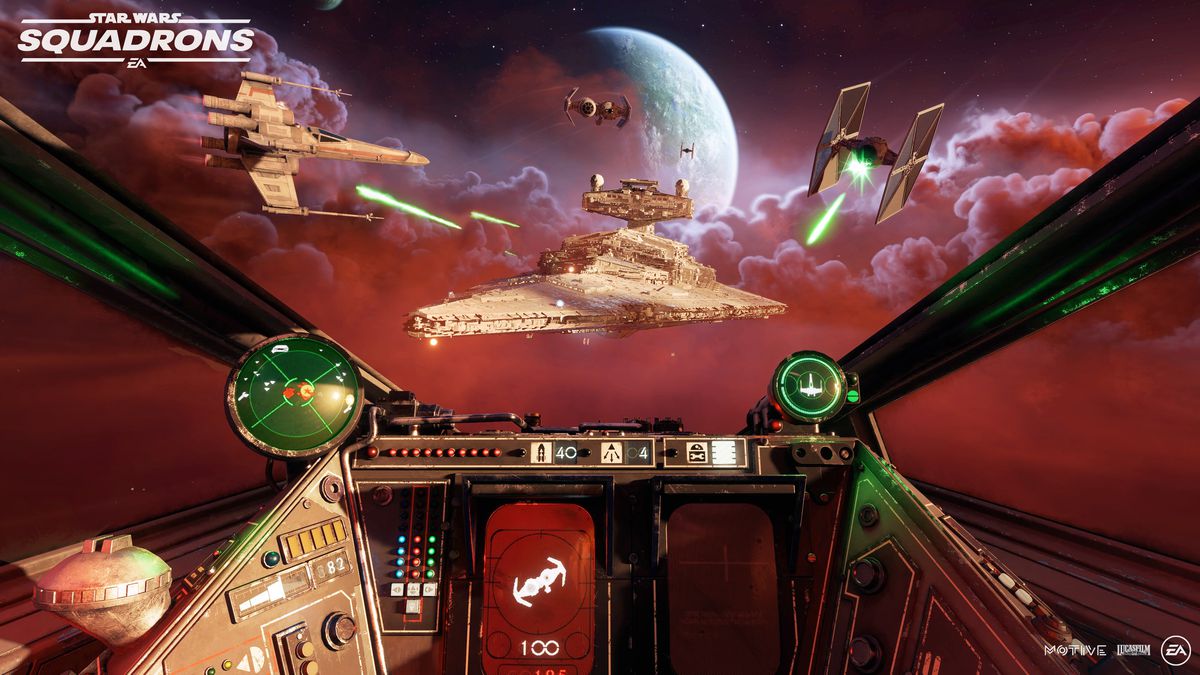 A view from the inside of an X-wing cockpit in Star Wars: Squadrons
