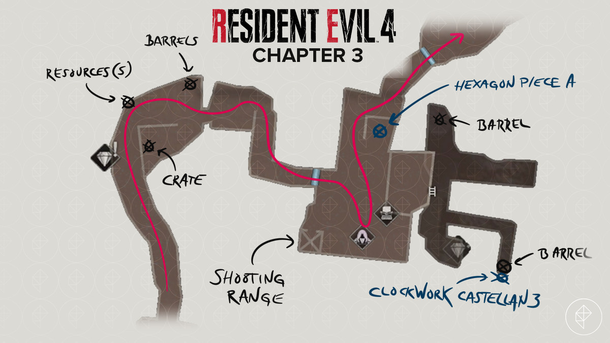 Resident Evil 4&nbsp;remake&nbsp;map of the Quarry with a path through and all items to find there.