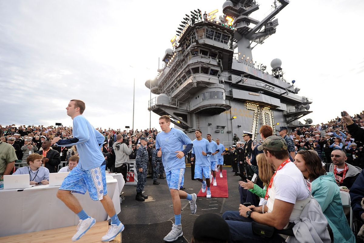 UNC running on the flight deck of the USS Carl Vinson, right in UCLA's back yard. (Photo by Harry How/Getty Images)