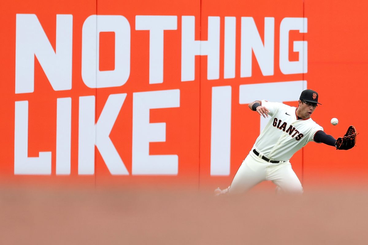 Blake Sabol dives for a catch in front of an outfield sign that says “Nothing Like It”