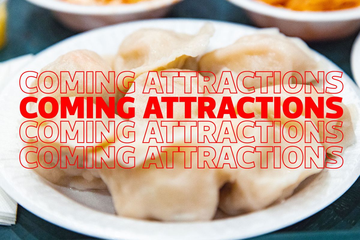 Chinese dumplings sit on a plate with the words “coming attractions” over them