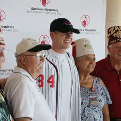 Double amputee track star Hunter Woodhall poses with Shriners after being honored at Shriners Hospitals for Children-Salt Lake City on Thursday, Aug. 10, 2017. Woodhall, who has a scholarship to the University of Arkansas, recently made history as the first double amputee to earn a track and field scholarship at an NCAA Division 1 school. He hopes to continue breaking down bearers for athletes with physical differences throughout his collegiate career. As a patient ambassador for Shriners Hospitals for Children-Salt Lake City, where he has receivedorthopedic care and customized prosthetic legs since he was a toddler, he has encouraged younger amputees to be proud of their differences and to be open about sharing their story to motivate others.