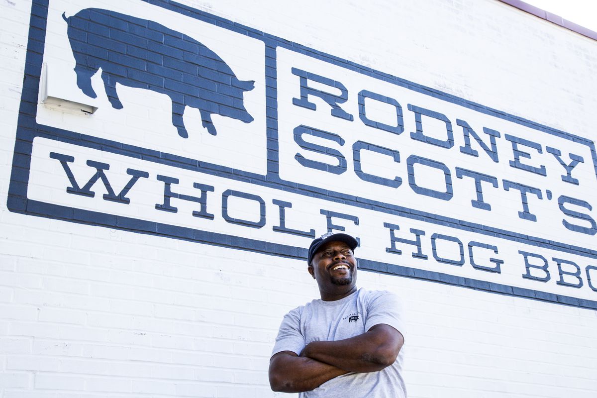 Rodney Scott in front of his Charleston restaurant