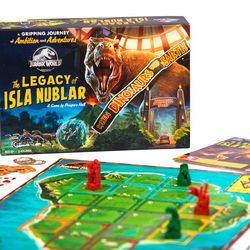 Vanity shots of the Jurassic World board game showing its container and components.