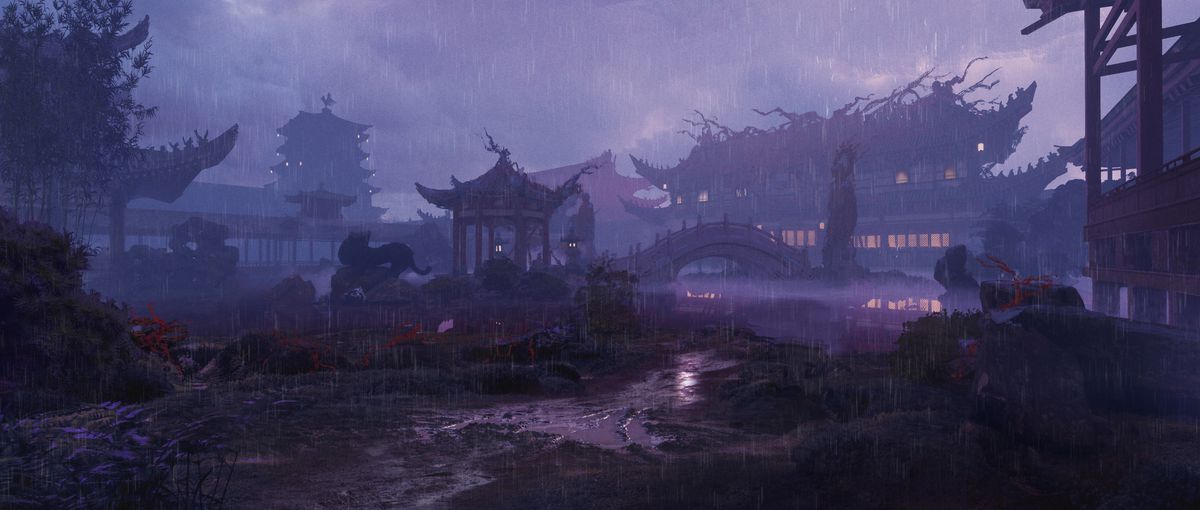 un patio azotado por la lluvia en Wo Long: Fallen Dynasty