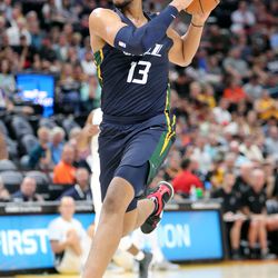 Utah Jazz center Tony Bradley approaches the basket during an NBA summer league basketball game against the San Antonio Spurs at the Vivint Smart Home Arena in Salt Lake City on Monday, July 2, 2018. The Jazz won 92-76.