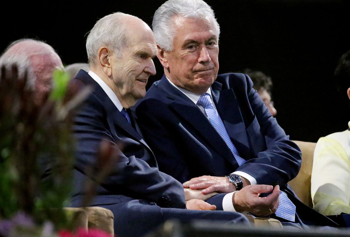 President Russell M. Nelson and Elder Dieter F. Uchtdorf of the Quorum of the Twelve Apostles sit side by side at the Amway Center in Orlando, Florida, after a devotional on Sunday, June 9, 2019.