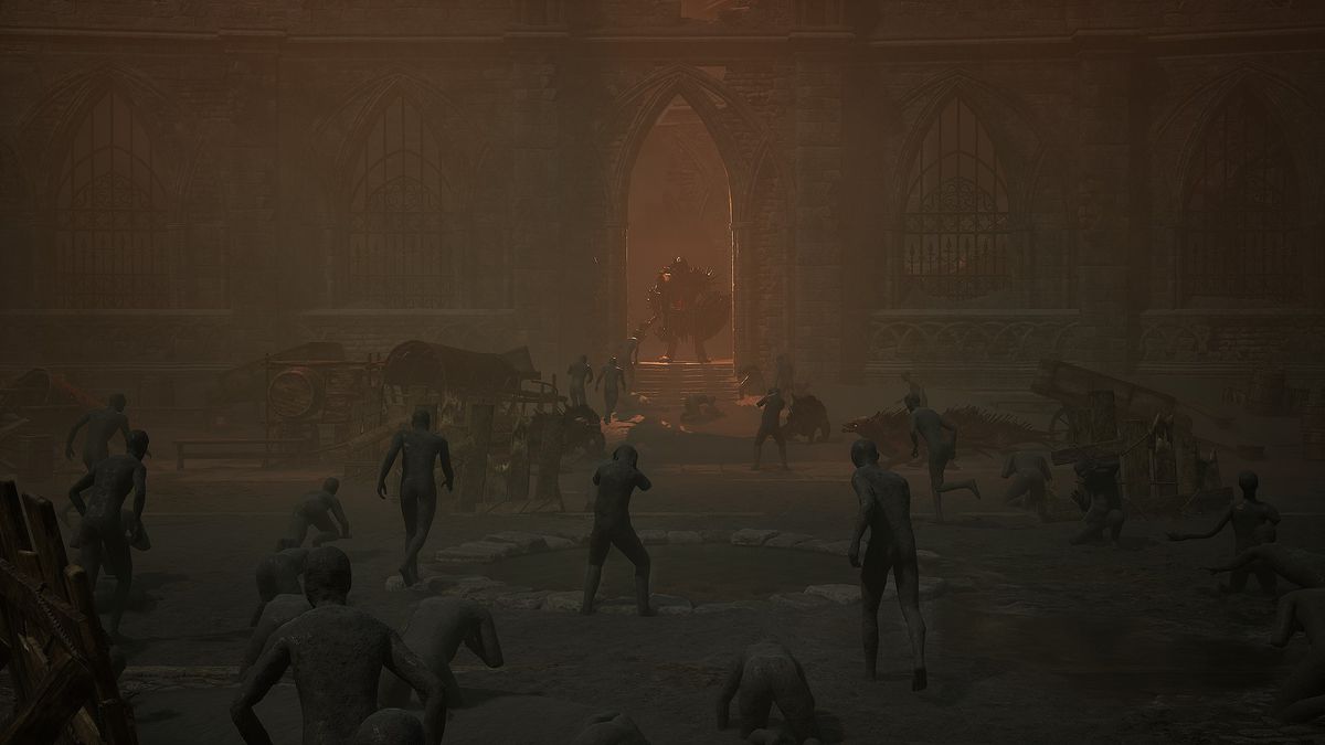 A knight stands in the doorway of a massive, dimly lit room full of undead beings