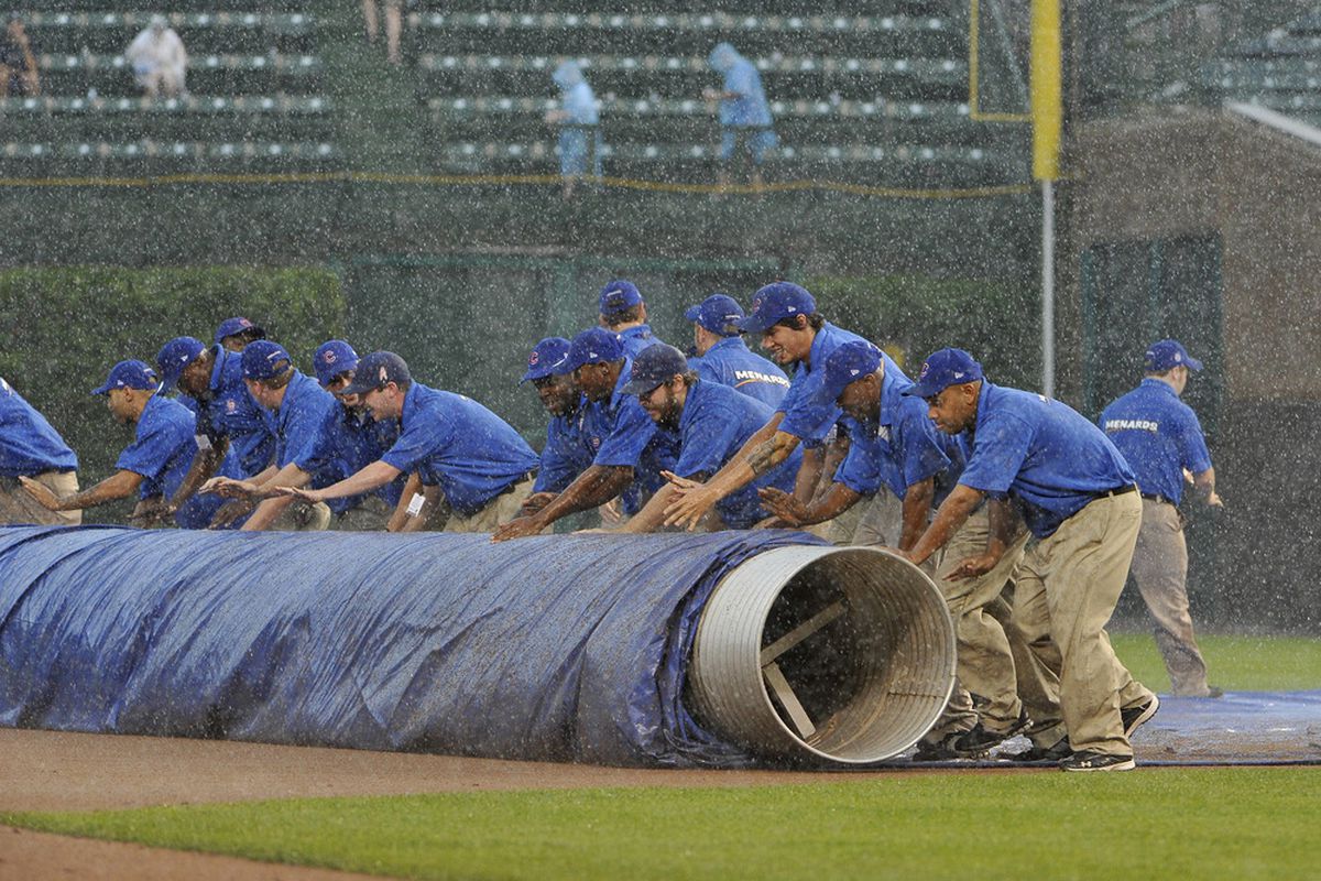 This is Wrigley Field from last season, but it might as well be Jackie Robinson Ballpark in Daytona Beach after four rain outs in the past eight days--and one more on the road. (Photo by Brian Kersey/Getty Images)